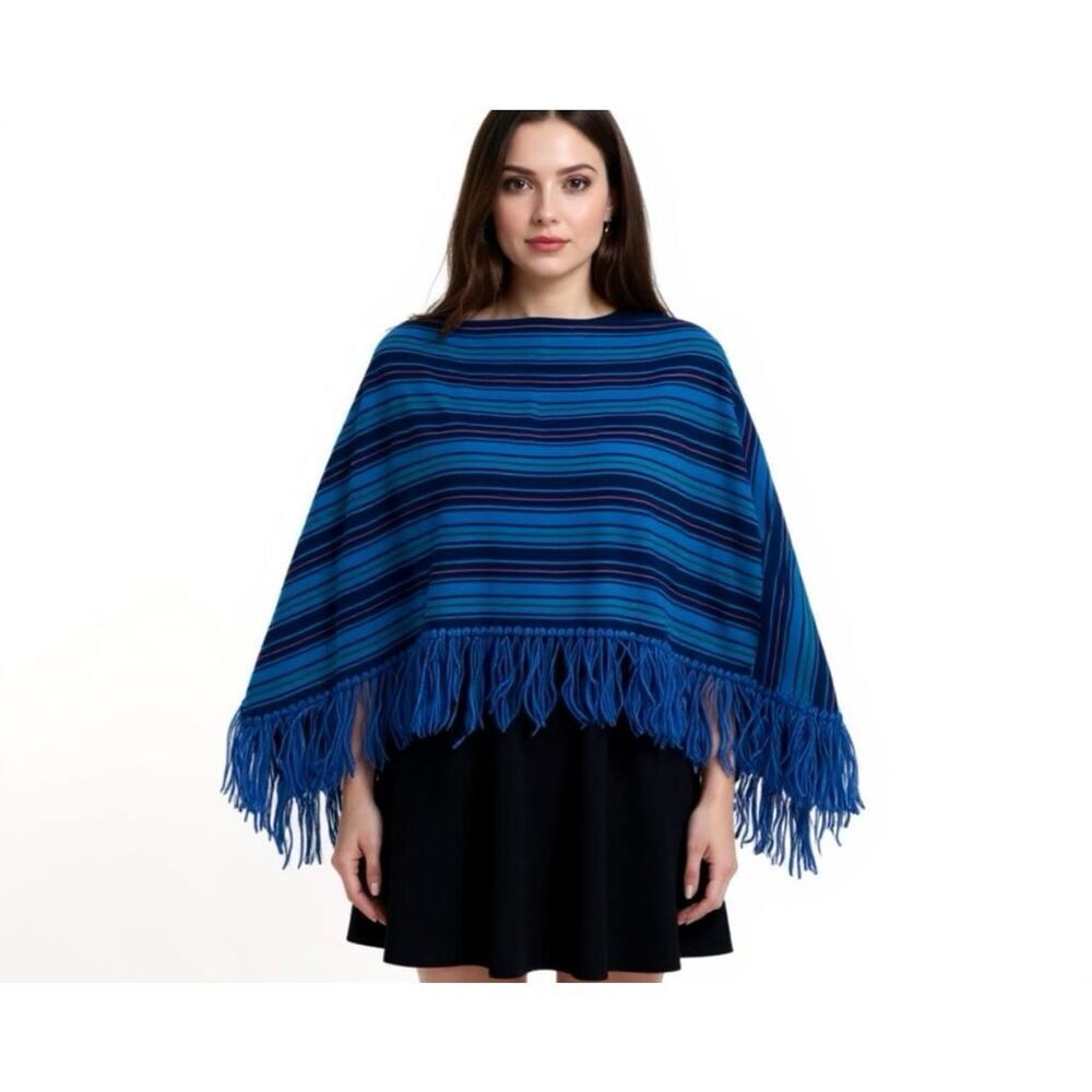 Vintage‎ Bloomingdale’s Made In England Blue Fringe Pull On Striped Poncho